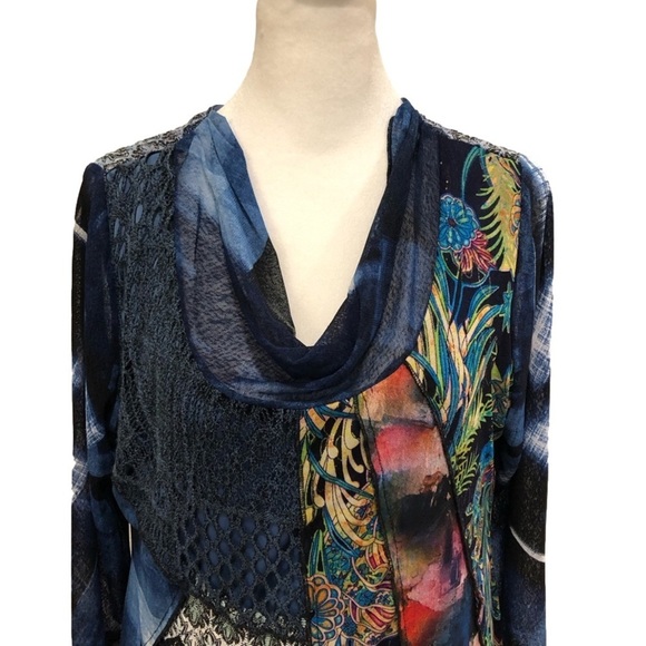 Calessa mixed media cowl neck tunic top asymmetrical hem metallic thread Size M - Picture 3 of 9